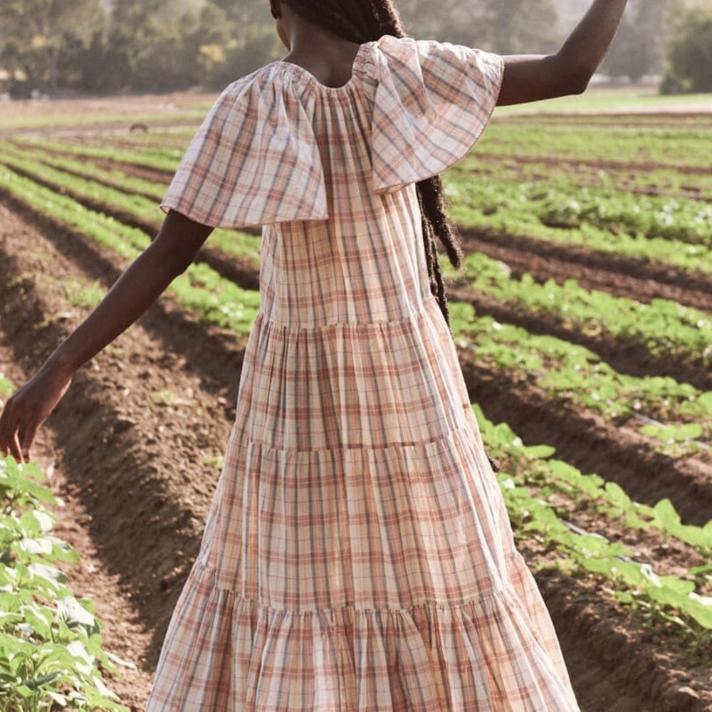 THE GREAT. The Iris Dress in Rose-Washed Plaid Tiered Flutter Sleeve Midi XS 0